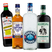 Boomsma beerenburger of jenever,
Brons berenburg of jenever,
Esbjaerg vodka fles à 1 liter
of Old Captain rum fles à 70 cl